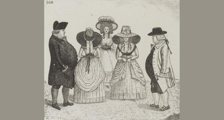 A black and white etching of two gentlemen in Victorian dress standing side on, with three women in Victorian dresses and big hats stand between them