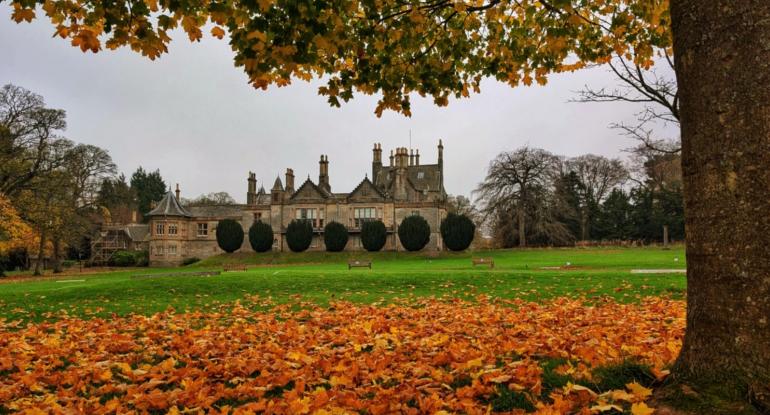 A shot of the exterior of Lauriston across a grassy carpet of autumn leaves