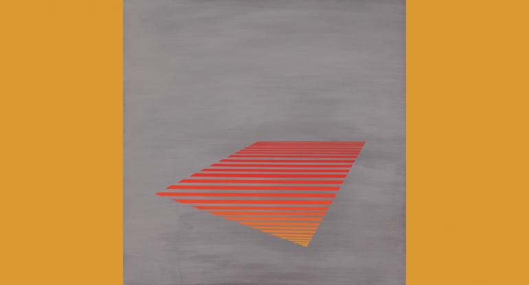 Stripes against a grey background forming a bent diamond and changing in colour from yellow at the front to dark red at the back.