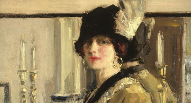 A painting of a lady wearing a black hat