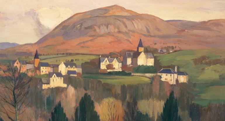 A painting of Melrose from the distance, with hills in the background and trees in the foreground