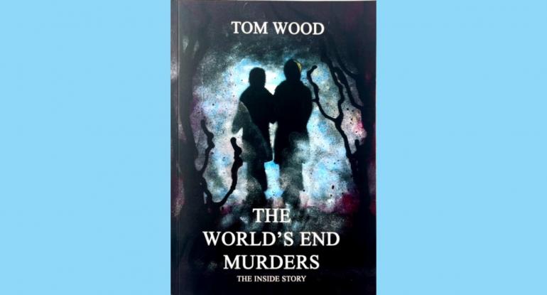 The cover of the The World's End Murders book, showing two silhouetted figures surrounded by shadowy trees and mist