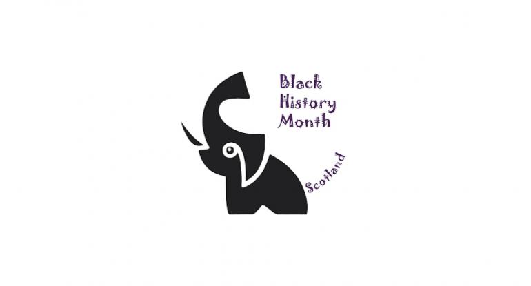 The Black History Month Scotland logo, a black stylised elephant with trunk raised