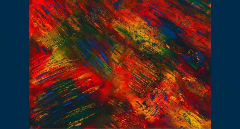 An abstract painting of shades of red, blue, green and yellow - almost like layers of crayon with bits scratched through