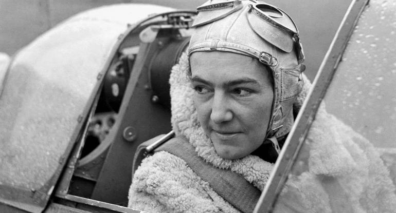 RAF Auxiliary Service (ATA) Anna Leska (1910-1998) in the cockpit of the Spitfire fighter.