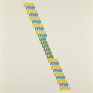 A poster featuring the phrase "you me us you" in bold, eye-catching typography against a vibrant background.