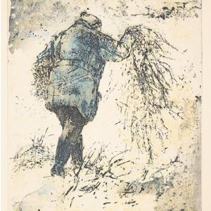 A painting of a person in a winter coat is depicted from behind, gathering branches or twigs in a cold, snowy landscape.