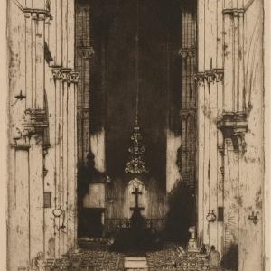 A monochrome print depicting a church interior featuring a prominent, large altar